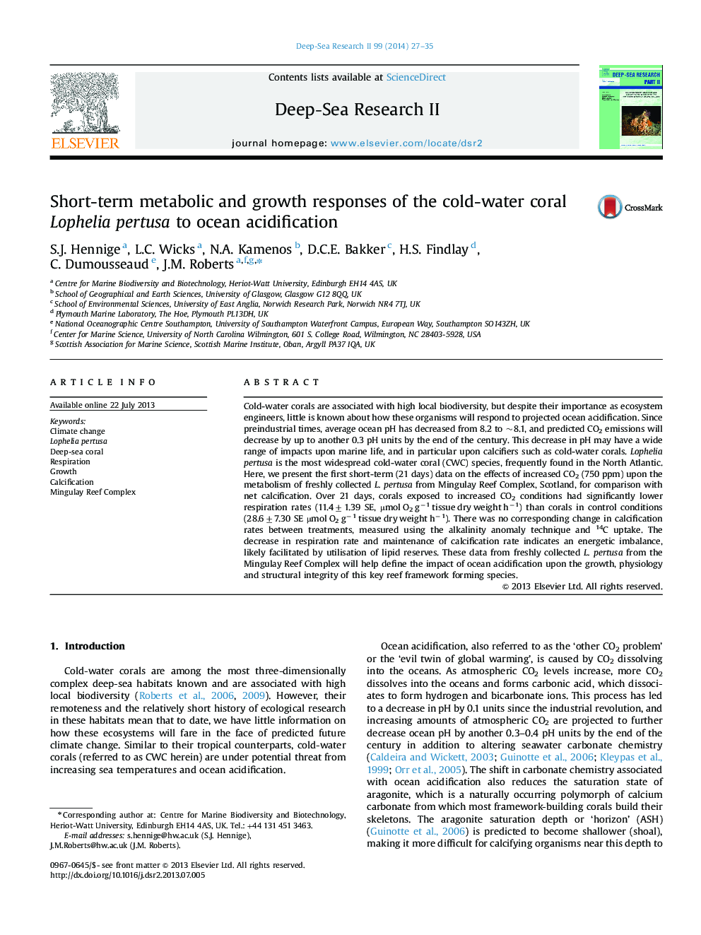 Short-term metabolic and growth responses of the cold-water coral Lophelia pertusa to ocean acidification