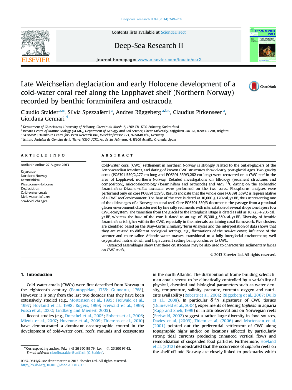 Late Weichselian deglaciation and early Holocene development of a cold-water coral reef along the Lopphavet shelf (Northern Norway) recorded by benthic foraminifera and ostracoda