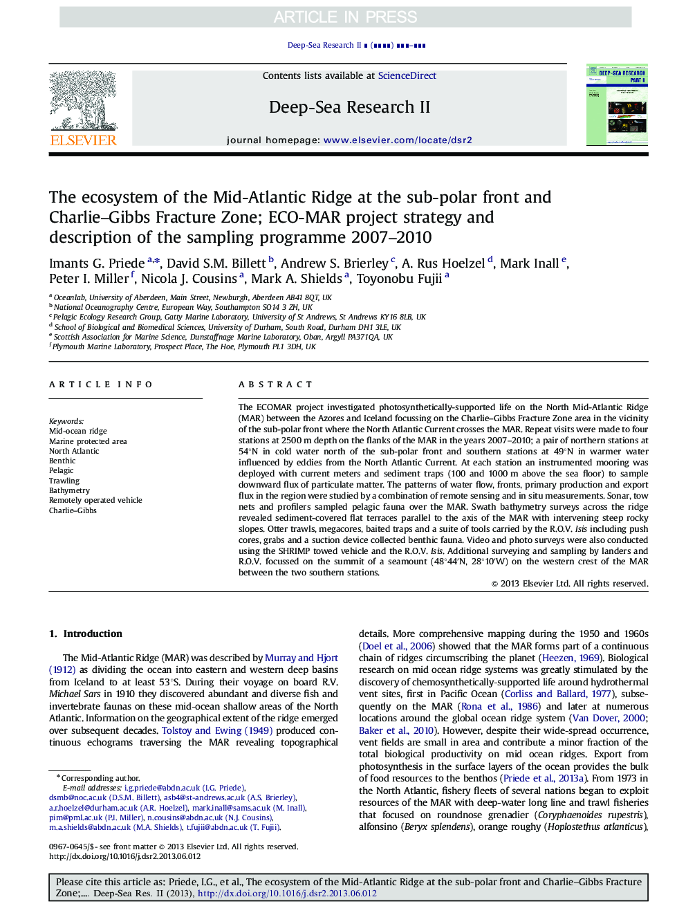 The ecosystem of the Mid-Atlantic Ridge at the sub-polar front and Charlie-Gibbs Fracture Zone; ECO-MAR project strategy and description of the sampling programme 2007-2010
