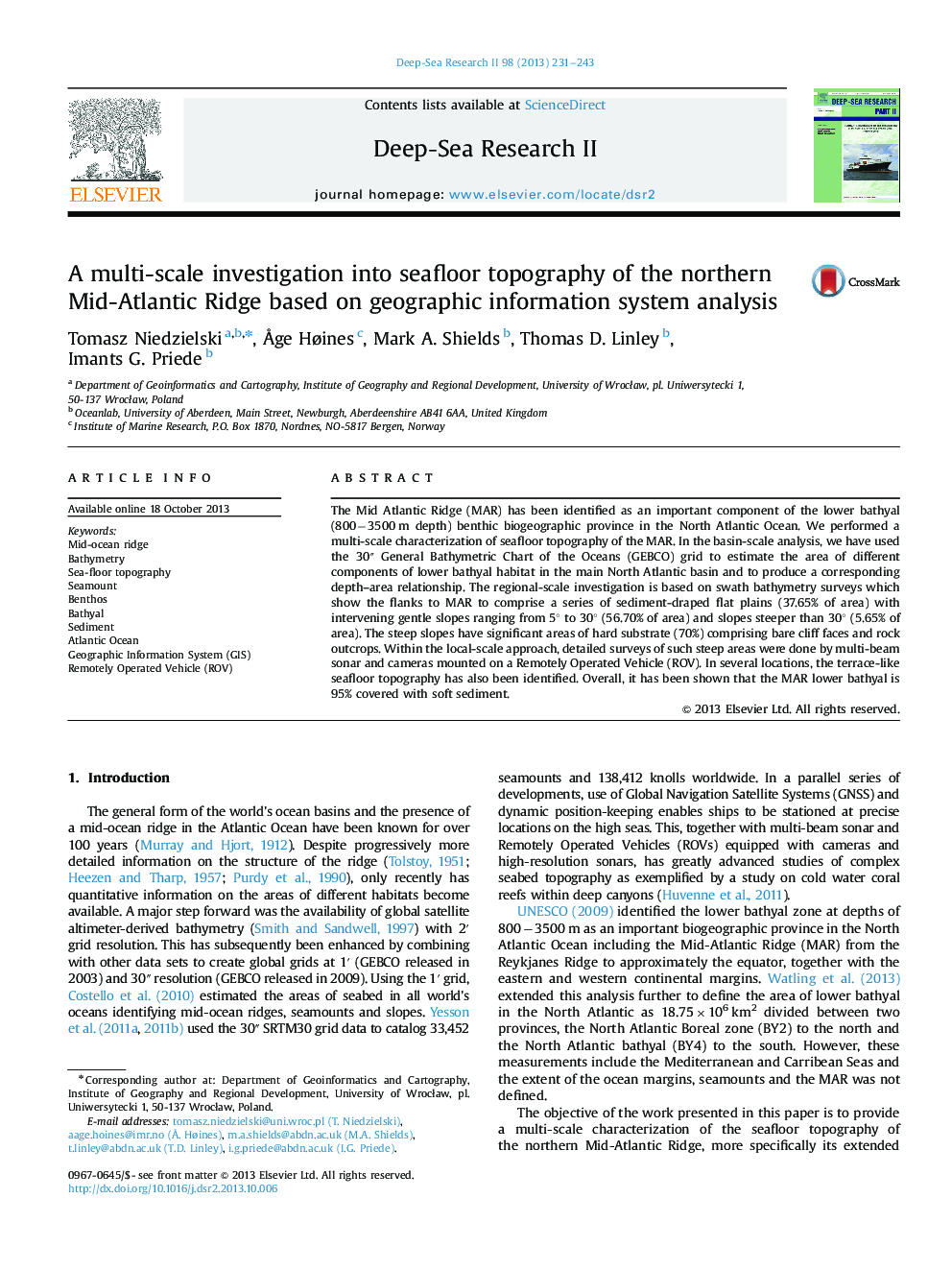 A multi-scale investigation into seafloor topography of the northern Mid-Atlantic Ridge based on geographic information system analysis