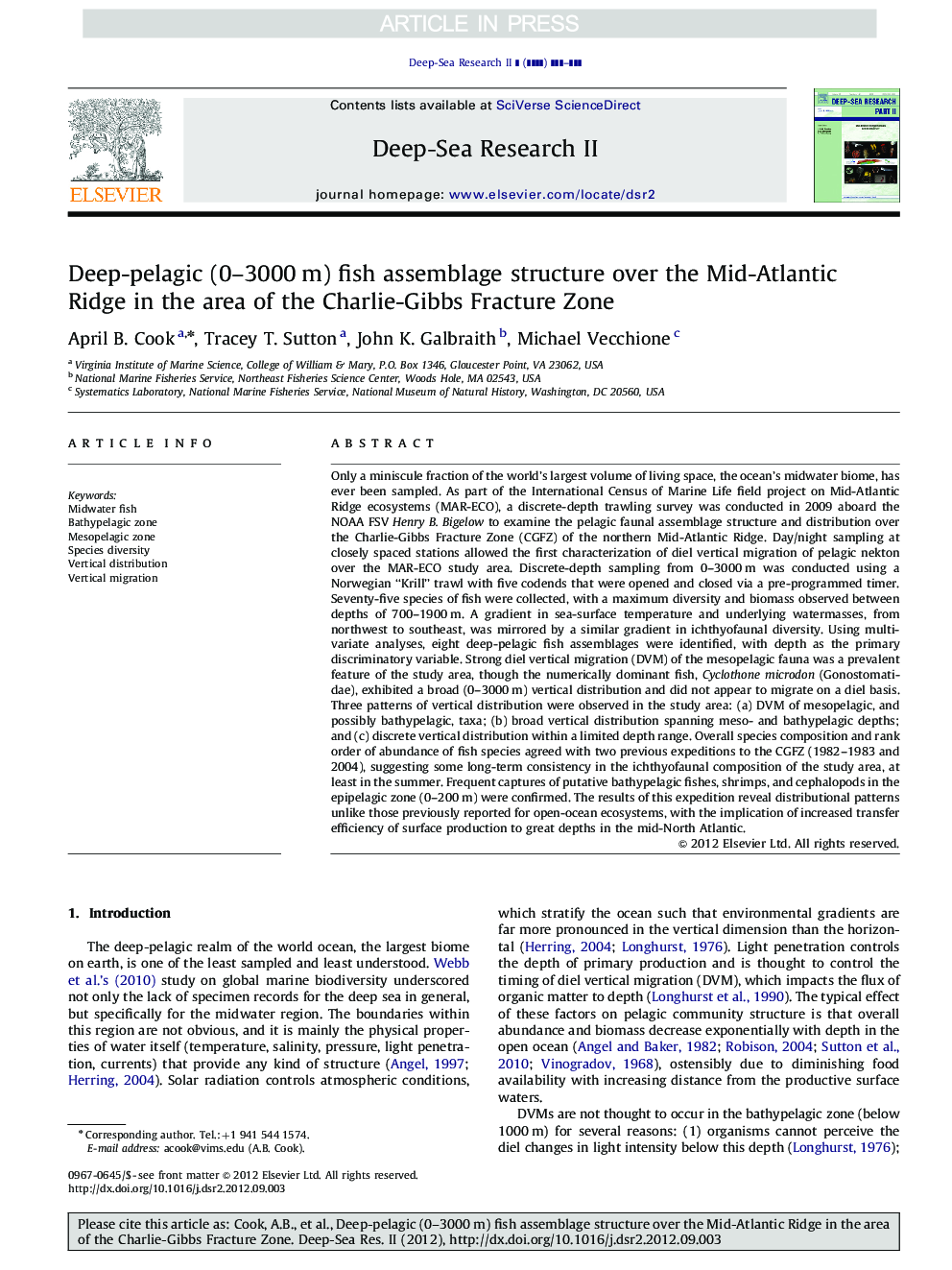 Deep-pelagic (0-3000Â m) fish assemblage structure over the Mid-Atlantic Ridge in the area of the Charlie-Gibbs Fracture Zone