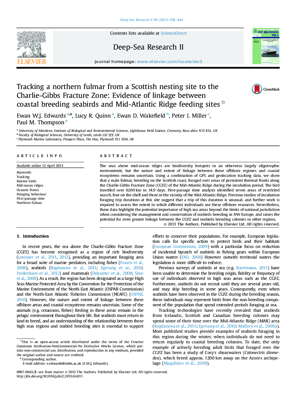 Tracking a northern fulmar from a Scottish nesting site to the Charlie-Gibbs Fracture Zone: Evidence of linkage between coastal breeding seabirds and Mid-Atlantic Ridge feeding sites