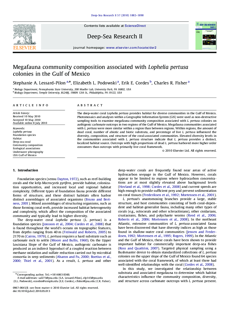 Megafauna community composition associated with Lophelia pertusa colonies in the Gulf of Mexico