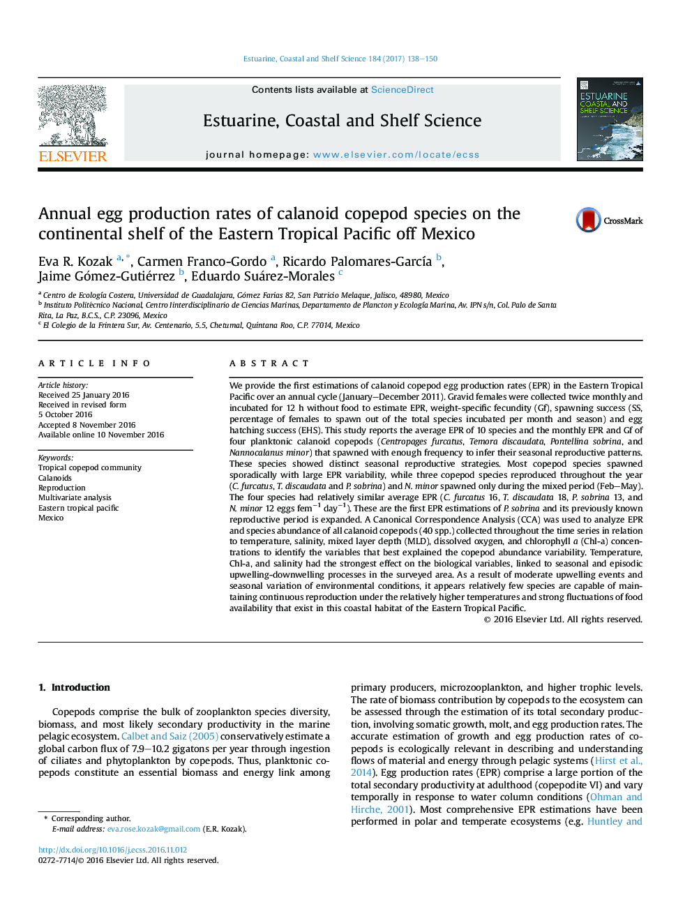 Annual egg production rates of calanoid copepod species on the continental shelf of the Eastern Tropical Pacific off Mexico