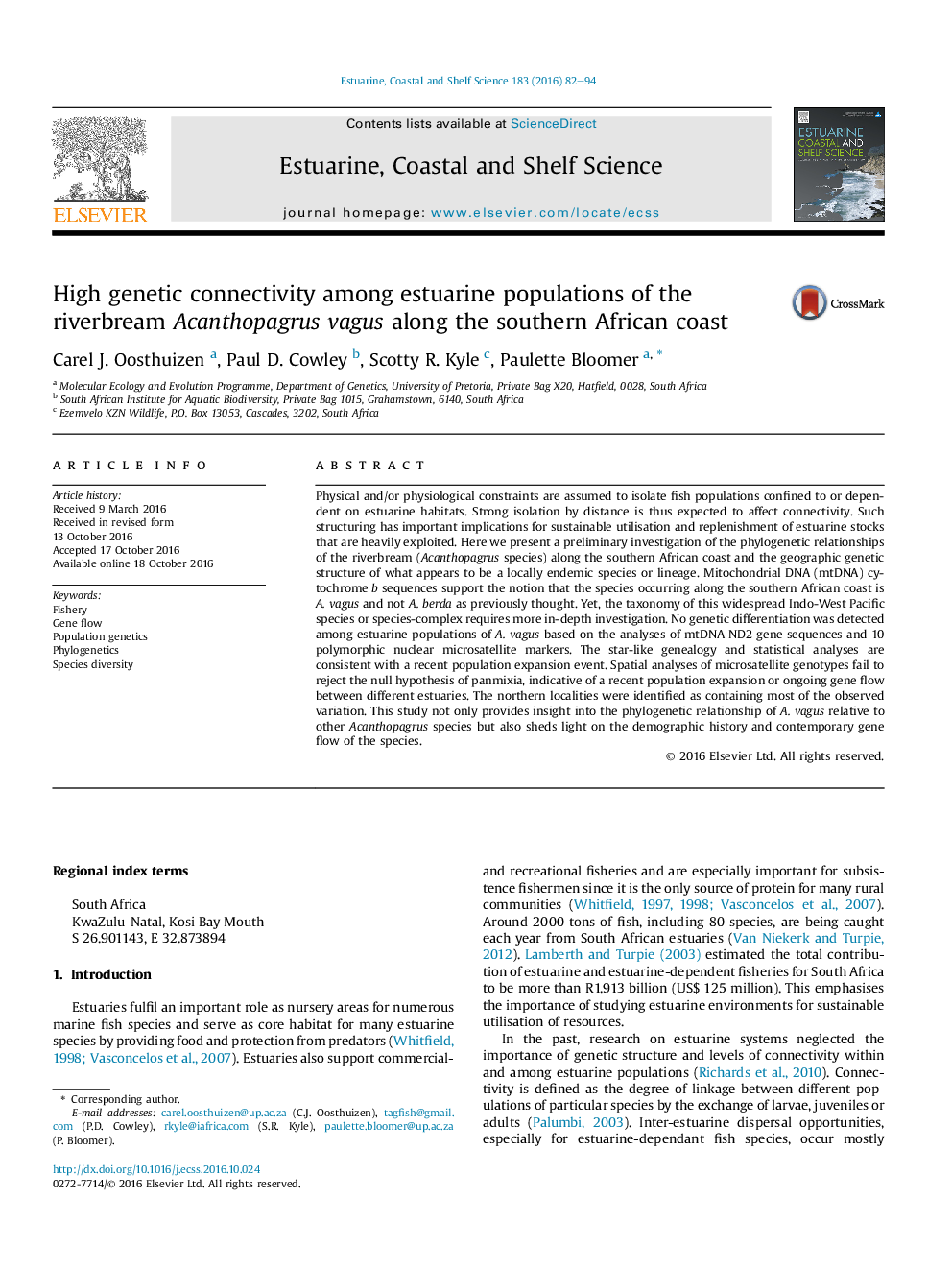 High genetic connectivity among estuarine populations of the riverbream Acanthopagrus vagus along the southern African coast