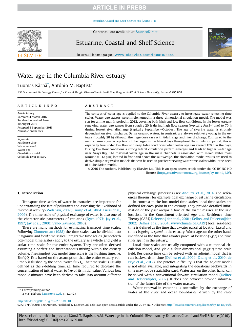 Water age in the Columbia River estuary