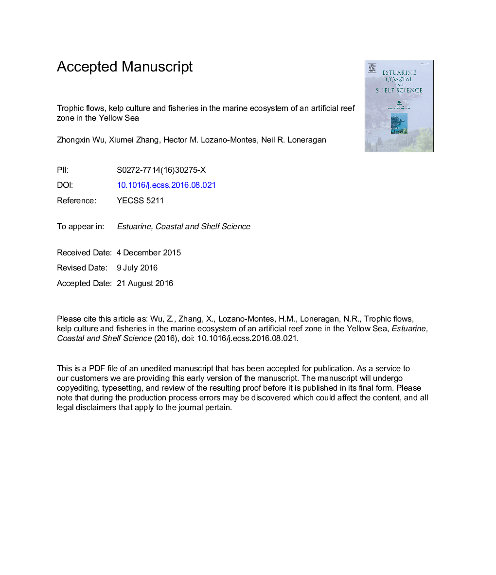 Trophic flows, kelp culture and fisheries in the marine ecosystem of an artificial reef zone in the Yellow Sea