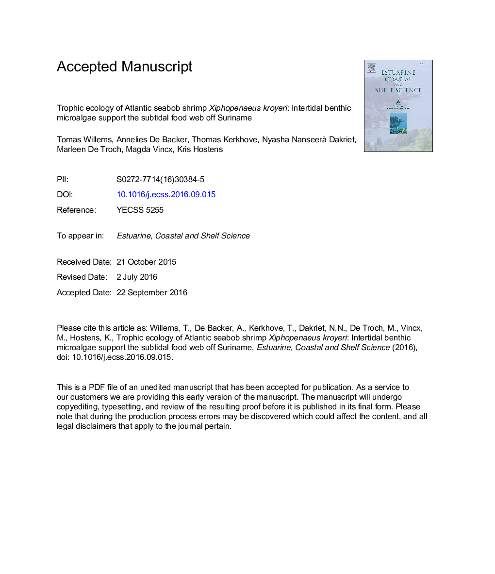 Trophic ecology of Atlantic seabob shrimp Xiphopenaeus kroyeri: Intertidal benthic microalgae support the subtidal food web off Suriname