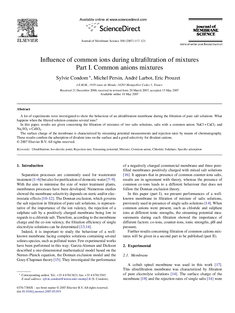 Influence of common ions during ultrafiltration of mixtures: Part I. Common anions mixtures