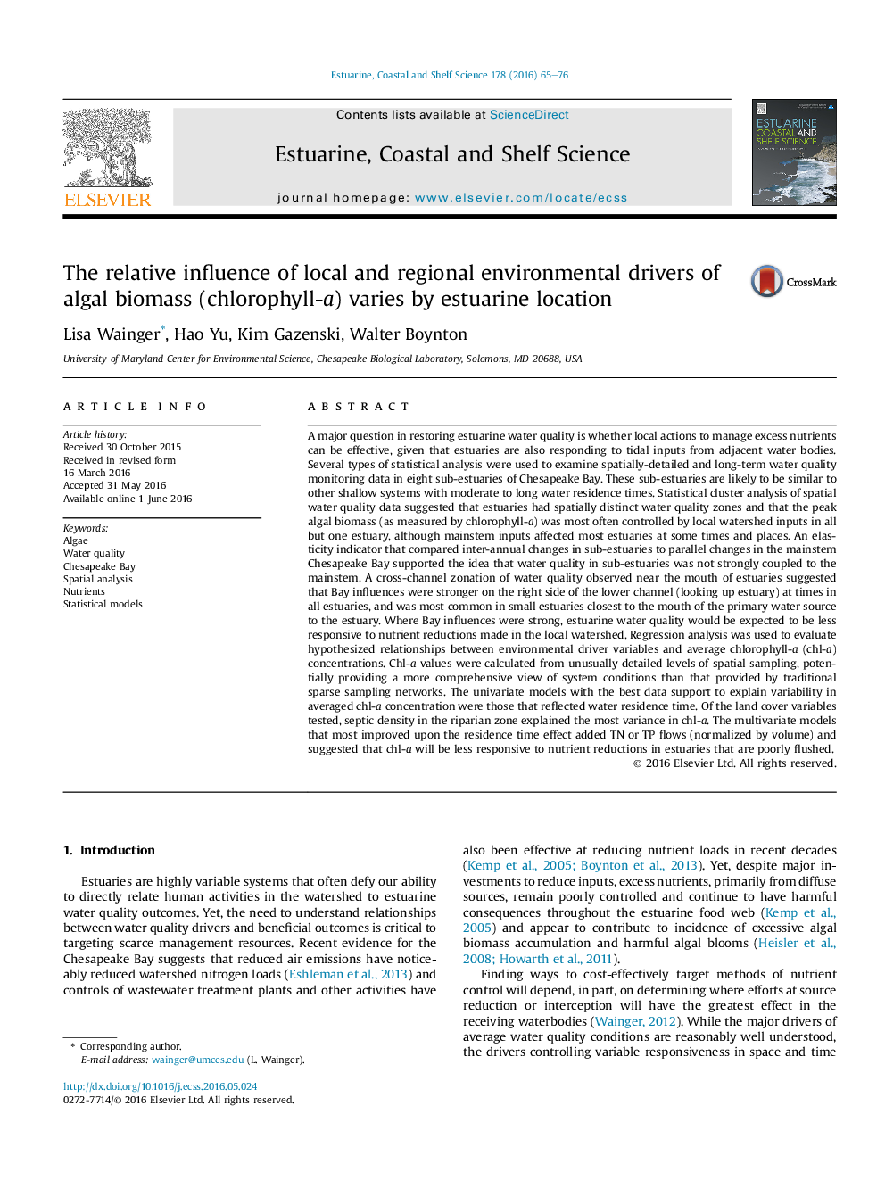 The relative influence of local and regional environmental drivers of algal biomass (chlorophyll-a) varies by estuarine location