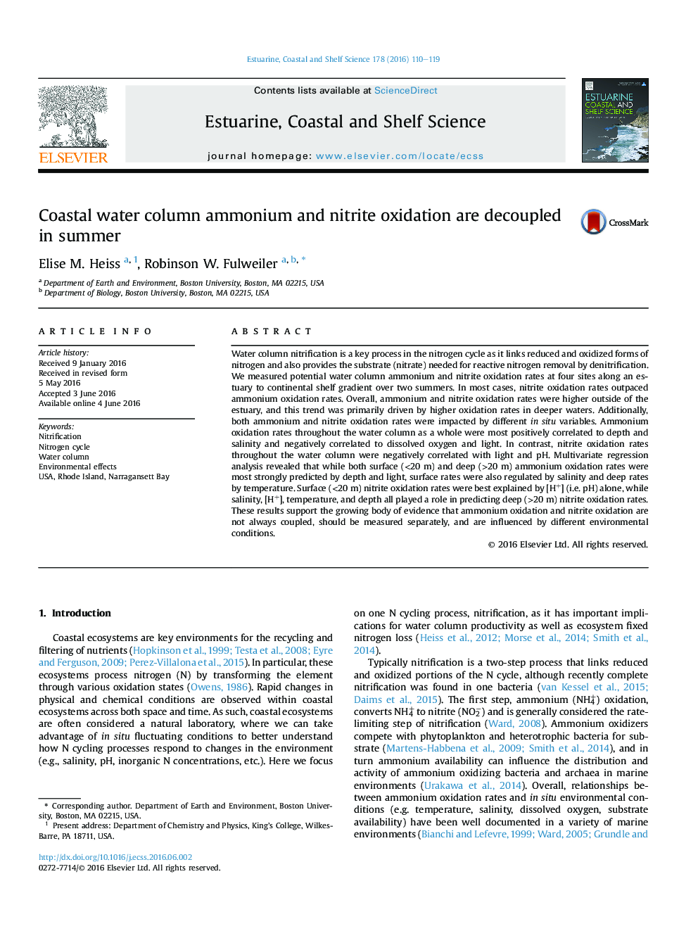 Coastal water column ammonium and nitrite oxidation are decoupled in summer