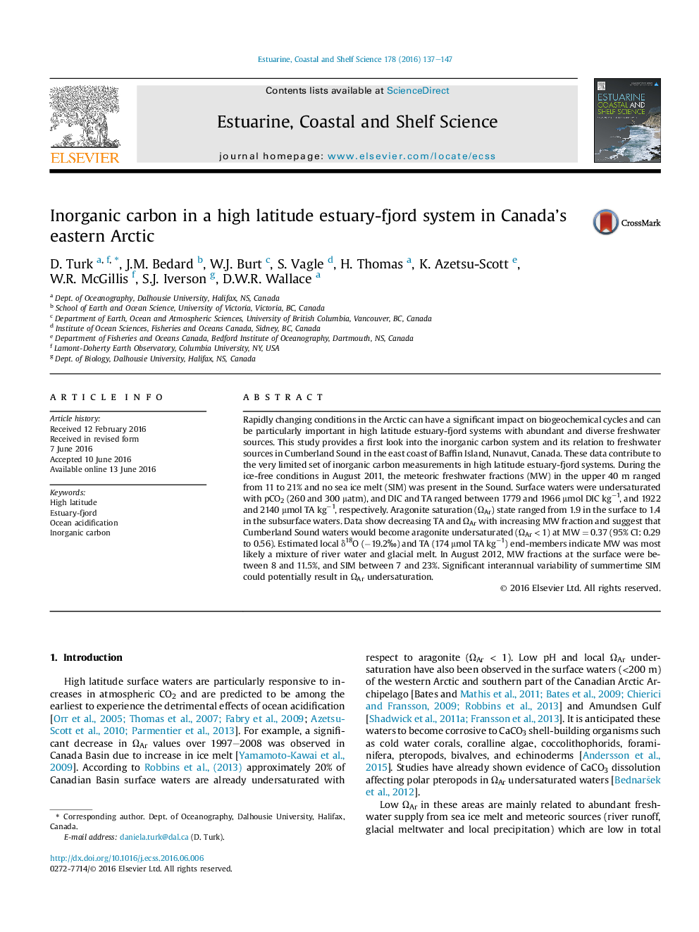 Inorganic carbon in a high latitude estuary-fjord system in Canada's eastern Arctic