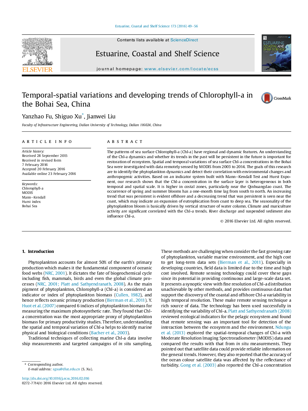 Temporal-spatial variations and developing trends of Chlorophyll-a in the Bohai Sea, China