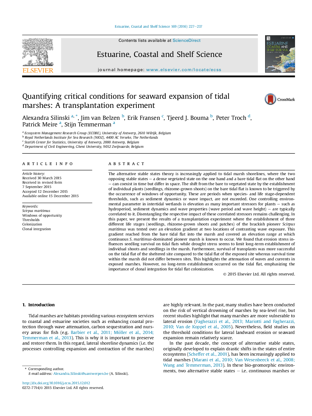 Quantifying critical conditions for seaward expansion of tidal marshes: A transplantation experiment