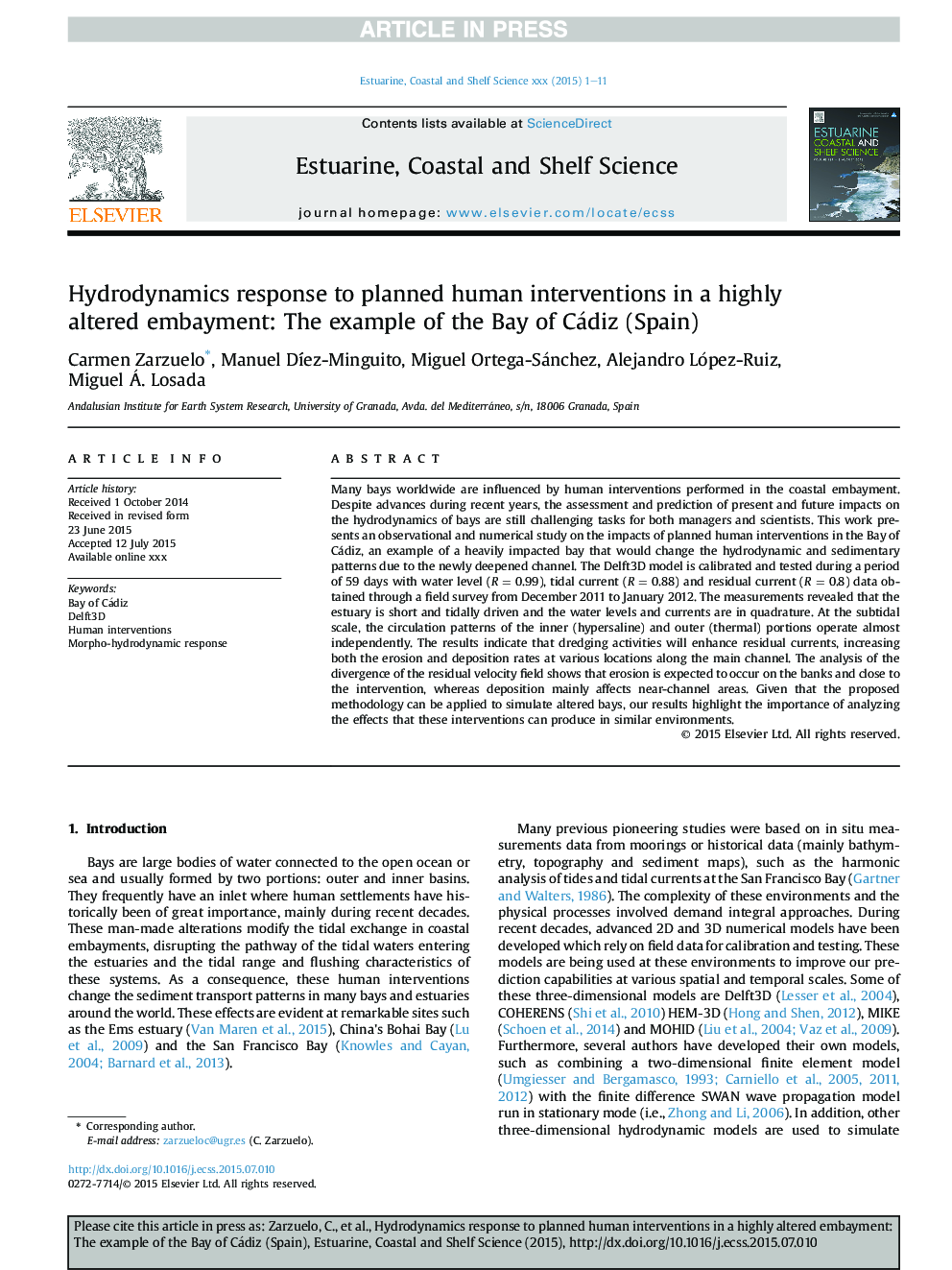 Hydrodynamics response to planned human interventions in a highly altered embayment: The example of the Bay of Cádiz (Spain)