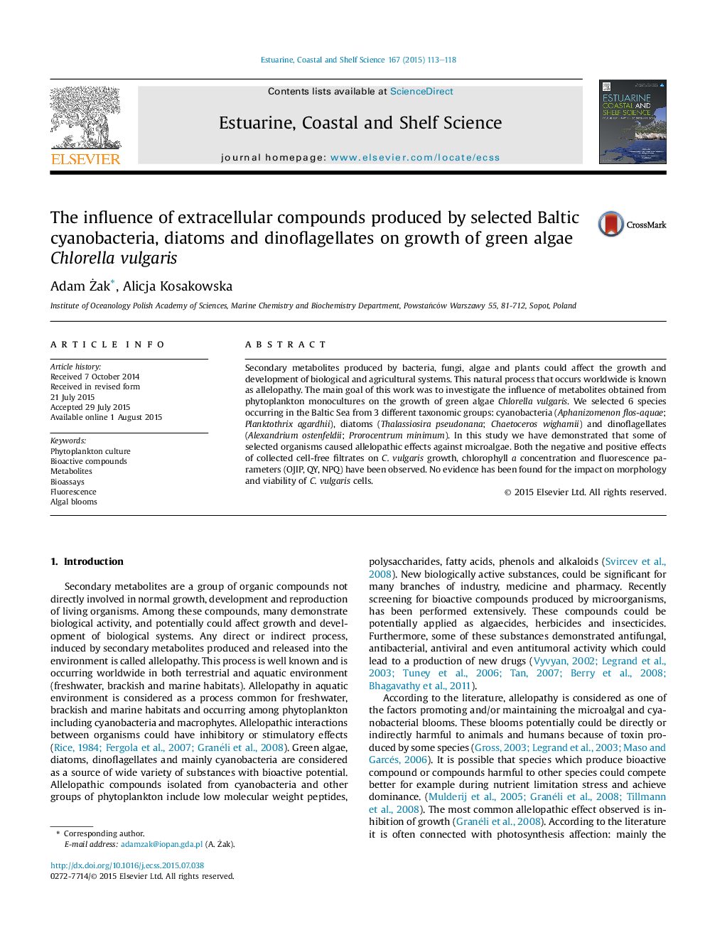 The influence of extracellular compounds produced by selected Baltic cyanobacteria, diatoms and dinoflagellates on growth of green algae Chlorella vulgaris