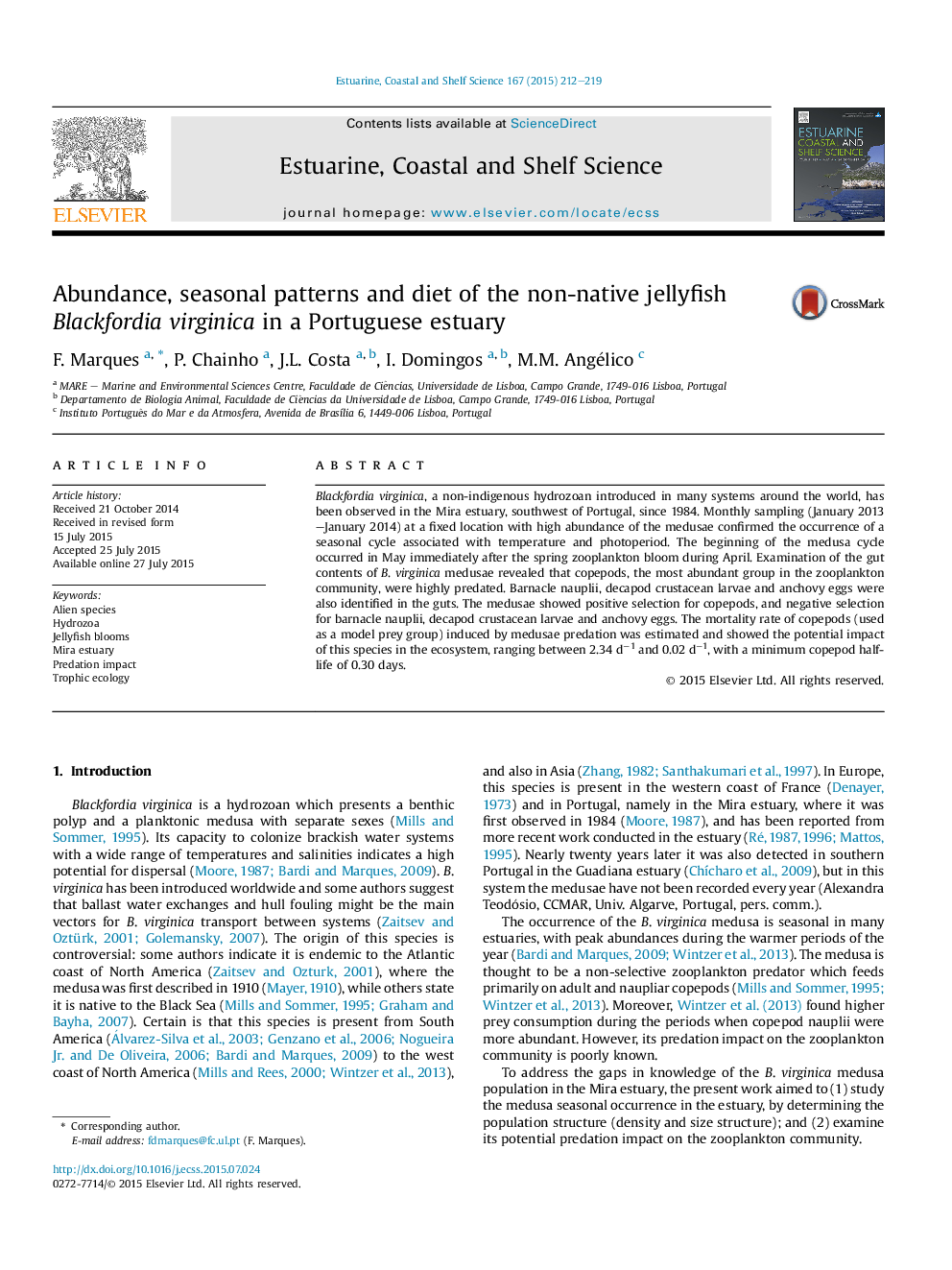 Abundance, seasonal patterns and diet of the non-native jellyfish Blackfordia virginica in a Portuguese estuary