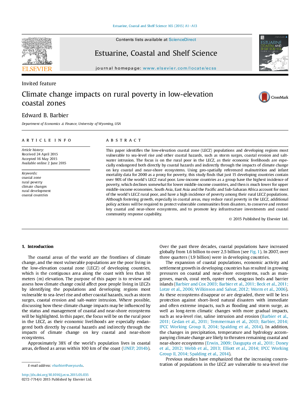 Invited featureClimate change impacts on rural poverty in low-elevation coastalÂ zones