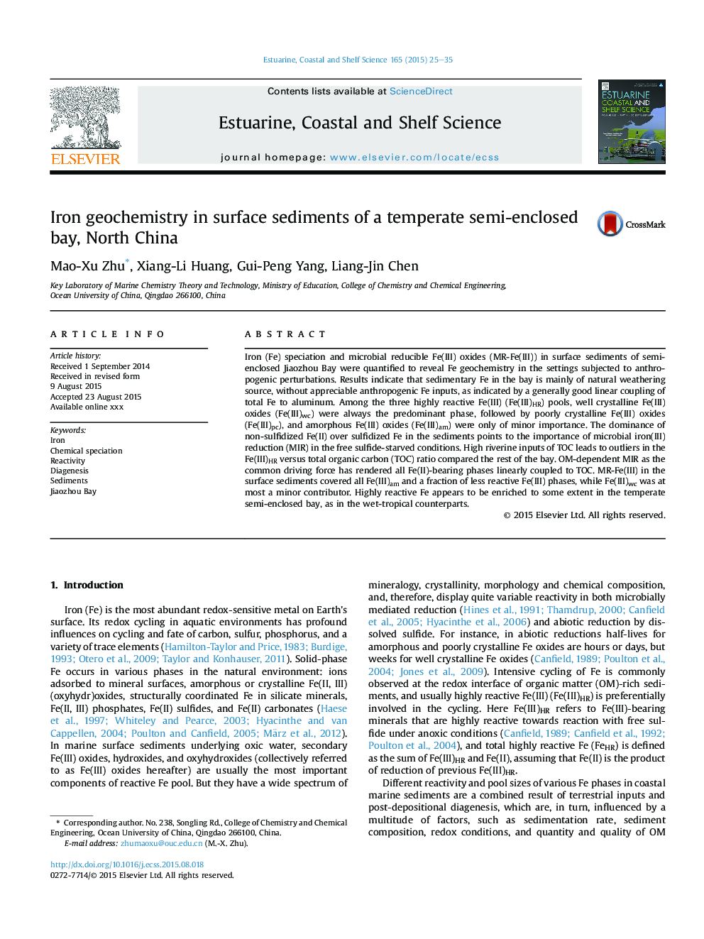 Iron geochemistry in surface sediments of a temperate semi-enclosed bay, North China