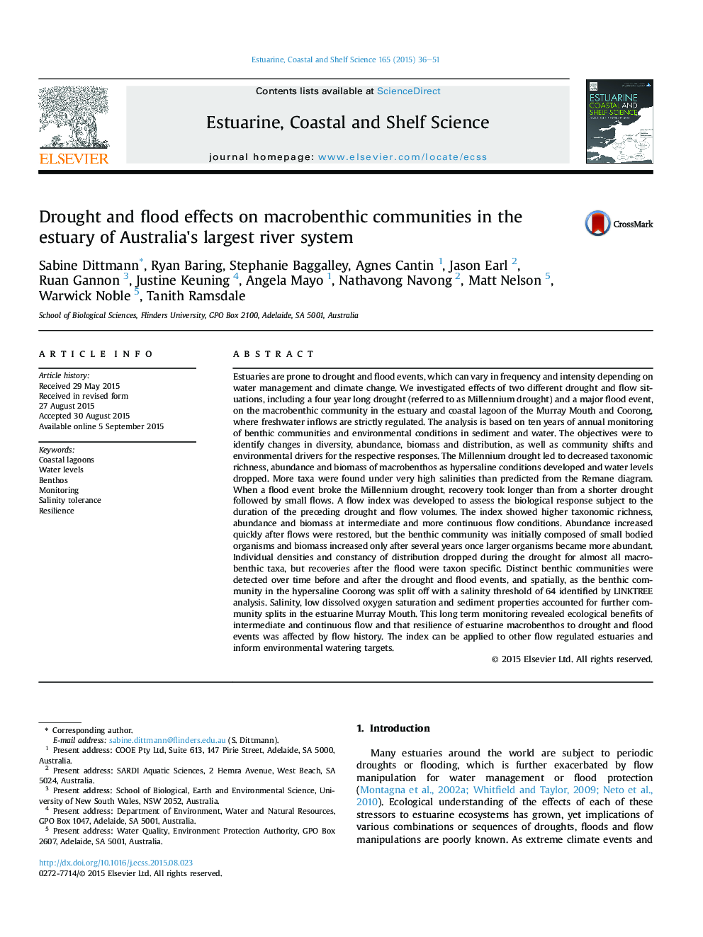 Drought and flood effects on macrobenthic communities in the estuary of Australia's largest river system