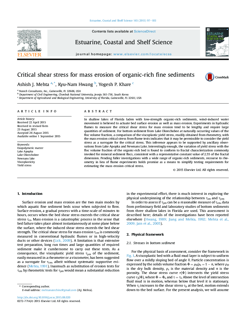 Critical shear stress for mass erosion of organic-rich fine sediments