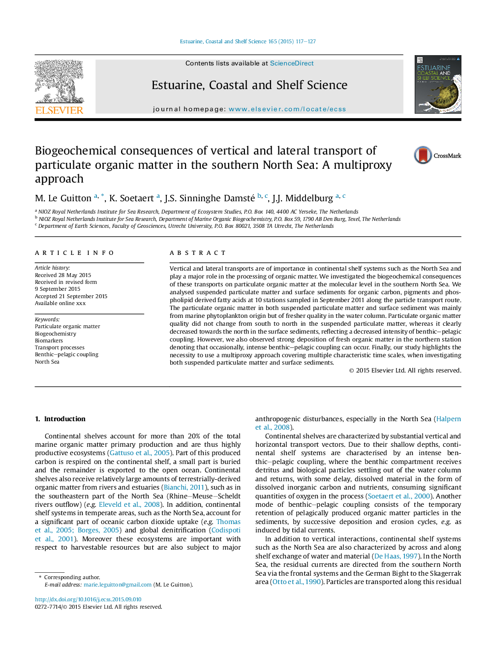 Biogeochemical consequences of vertical and lateral transport of particulate organic matter in the southern North Sea: A multiproxy approach