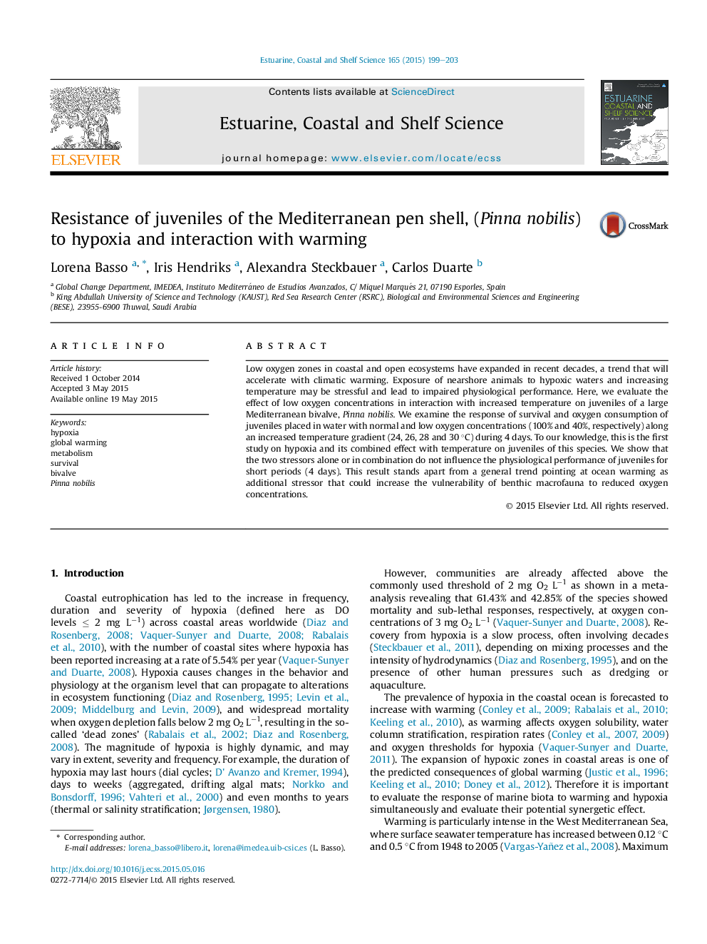 Resistance of juveniles of the Mediterranean pen shell, (Pinna nobilis) to hypoxia and interaction with warming