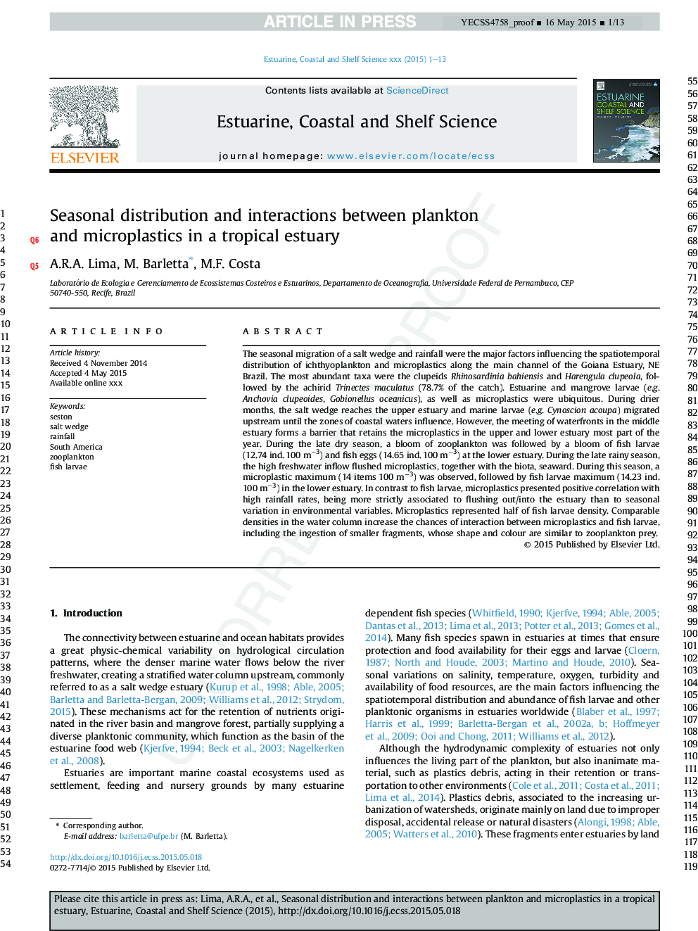 Seasonal distribution and interactions between plankton andÂ microplastics in a tropical estuary