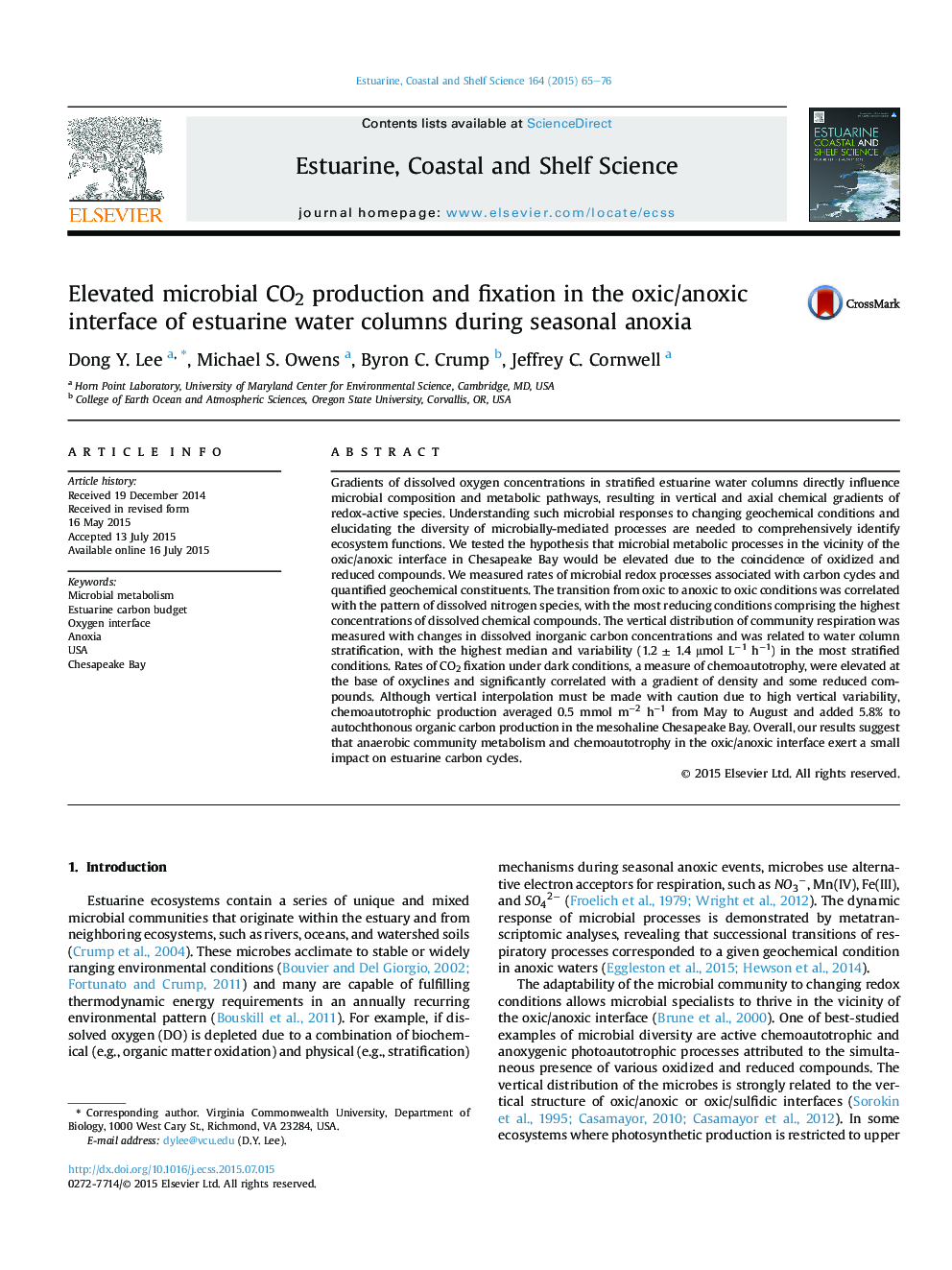 Elevated microbial CO2 production and fixation in the oxic/anoxic interface of estuarine water columns during seasonal anoxia