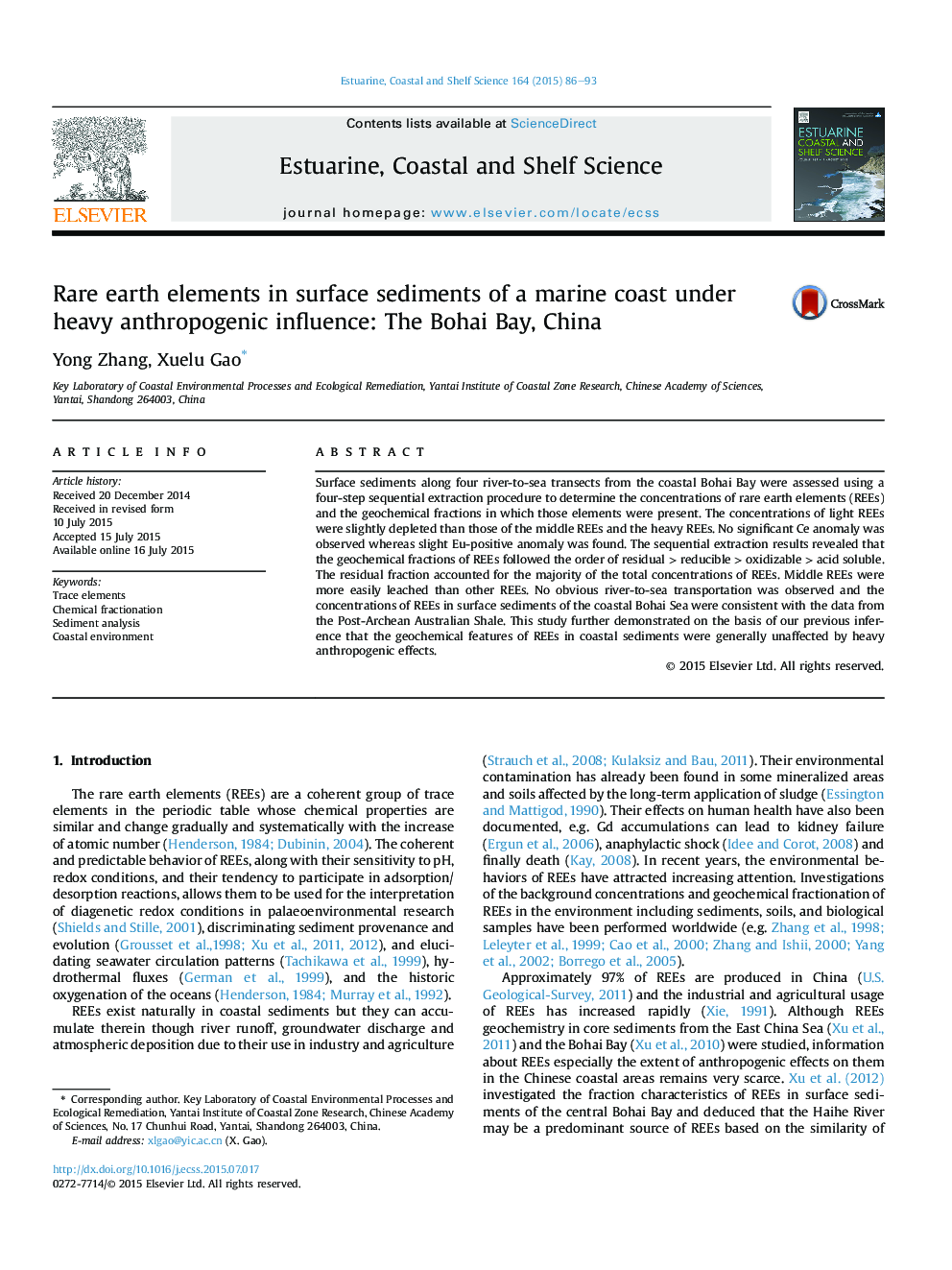 Rare earth elements in surface sediments of a marine coast under heavy anthropogenic influence: The Bohai Bay, China