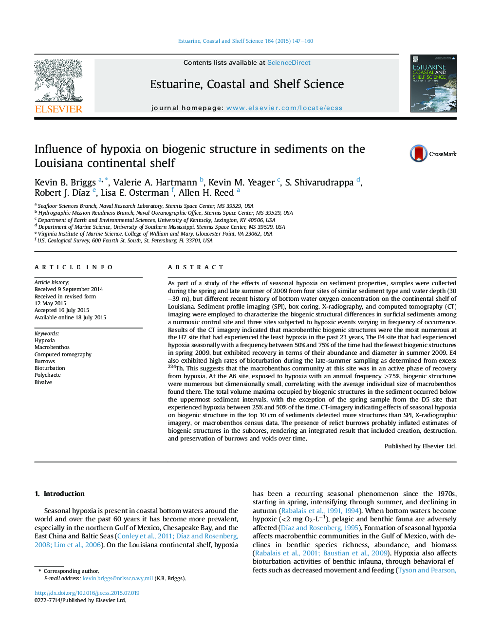 Influence of hypoxia on biogenic structure in sediments on the Louisiana continental shelf