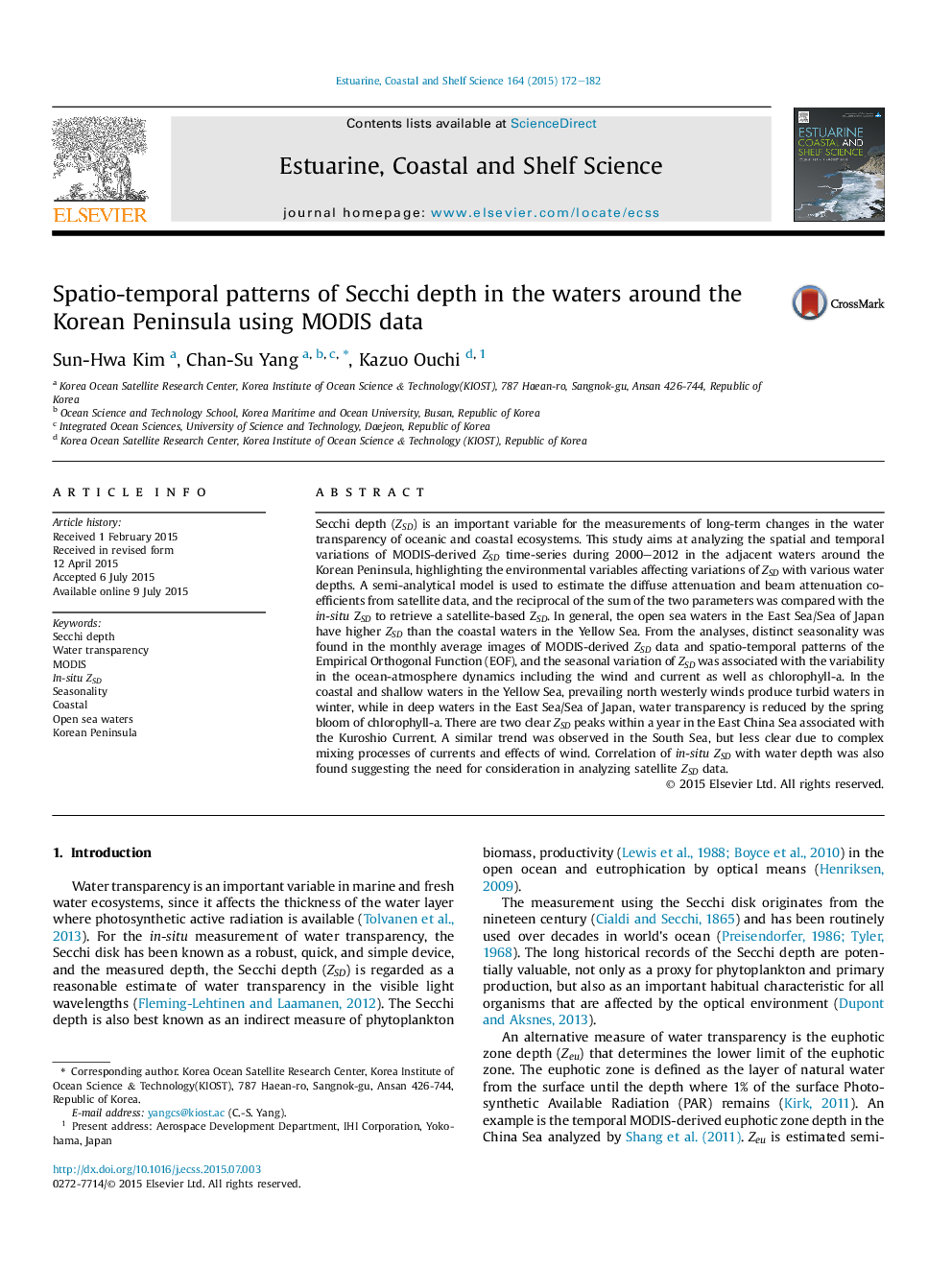 Spatio-temporal patterns of Secchi depth in the waters around the Korean Peninsula using MODIS data