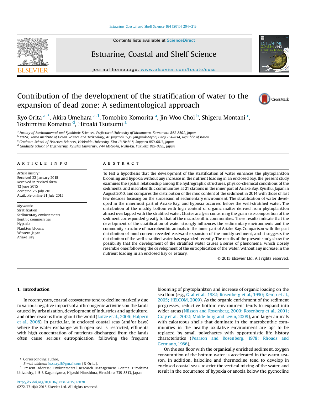 Contribution of the development of the stratification of water to the expansion of dead zone: A sedimentological approach