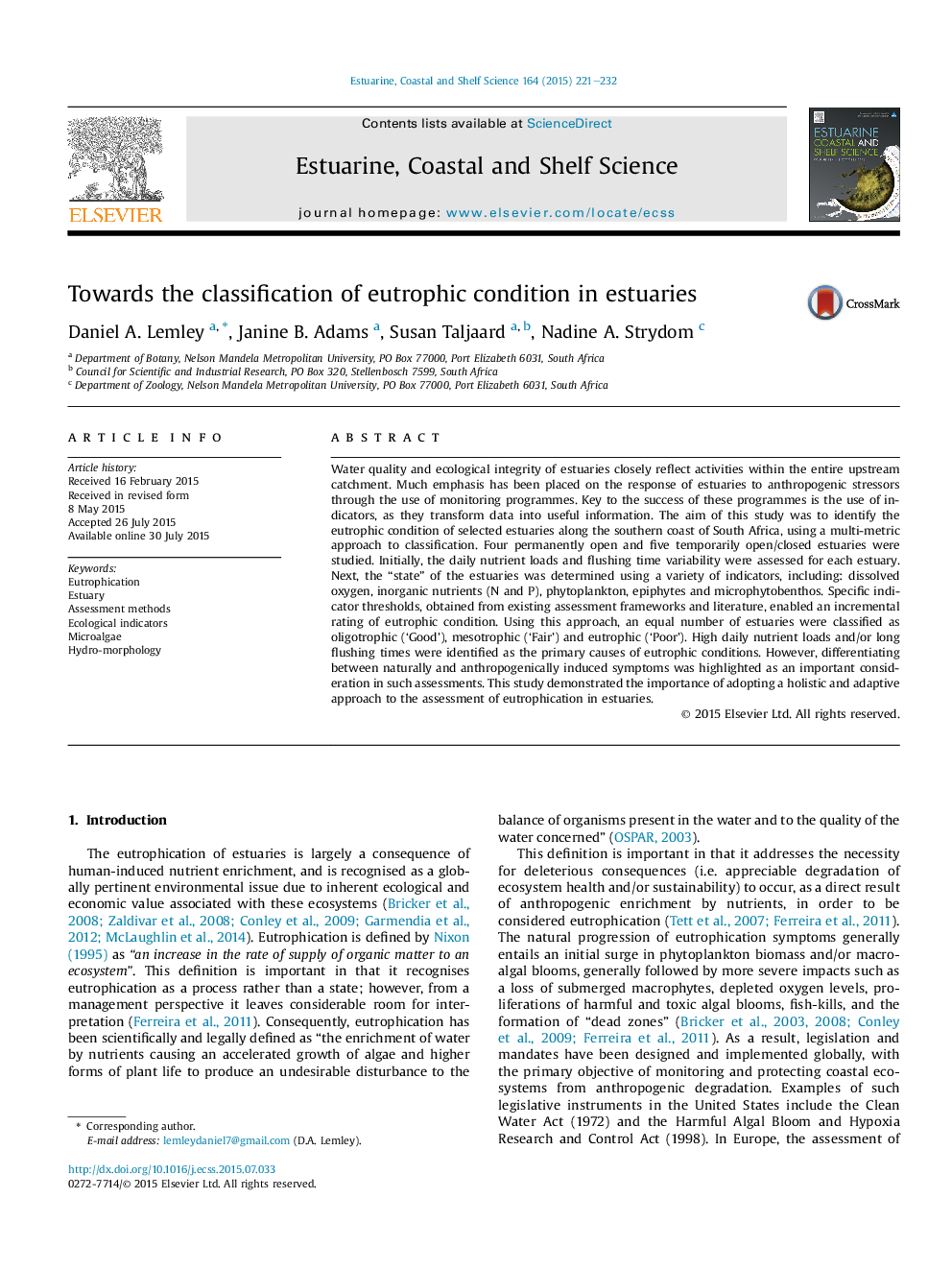 Towards the classification of eutrophic condition in estuaries