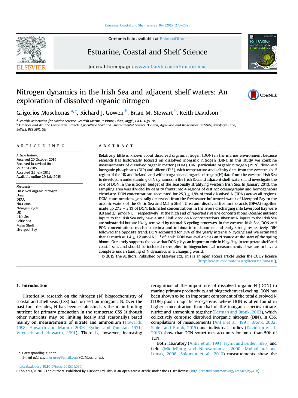 Nitrogen dynamics in the Irish Sea and adjacent shelf waters: An exploration of dissolved organic nitrogen