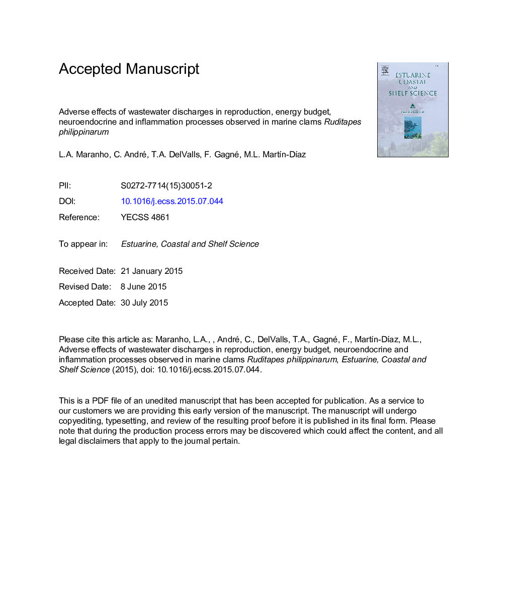 Adverse effects of wastewater discharges in reproduction, energy budget, neuroendocrine and inflammation processes observed in marine clams Ruditapes philippinarum