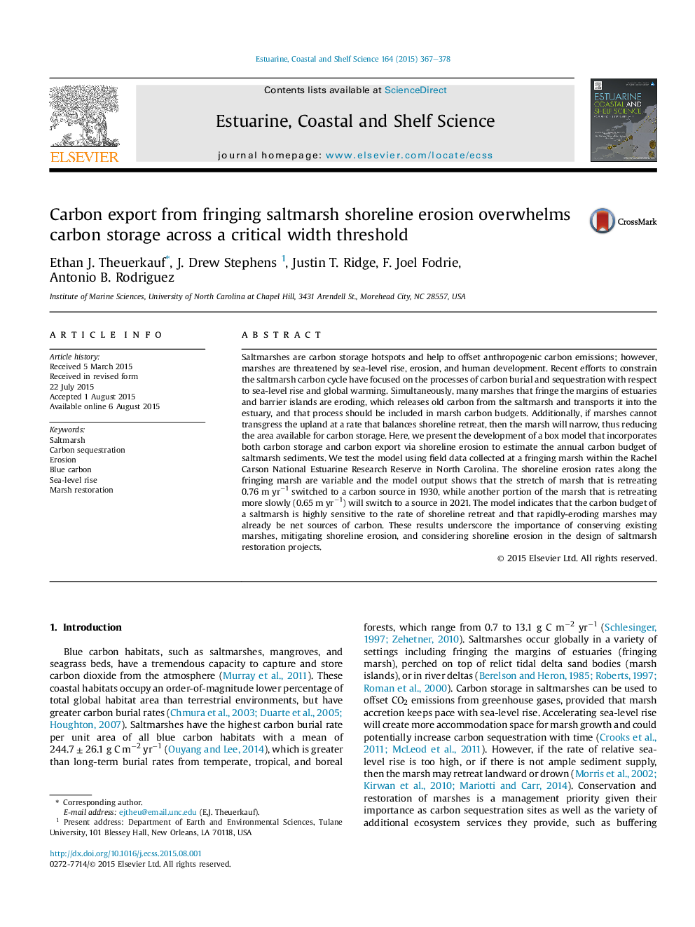 Carbon export from fringing saltmarsh shoreline erosion overwhelms carbon storage across a critical width threshold