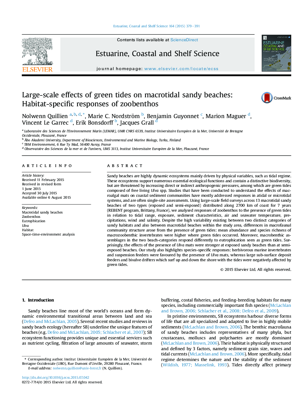 Large-scale effects of green tides on macrotidal sandy beaches: Habitat-specific responses of zoobenthos