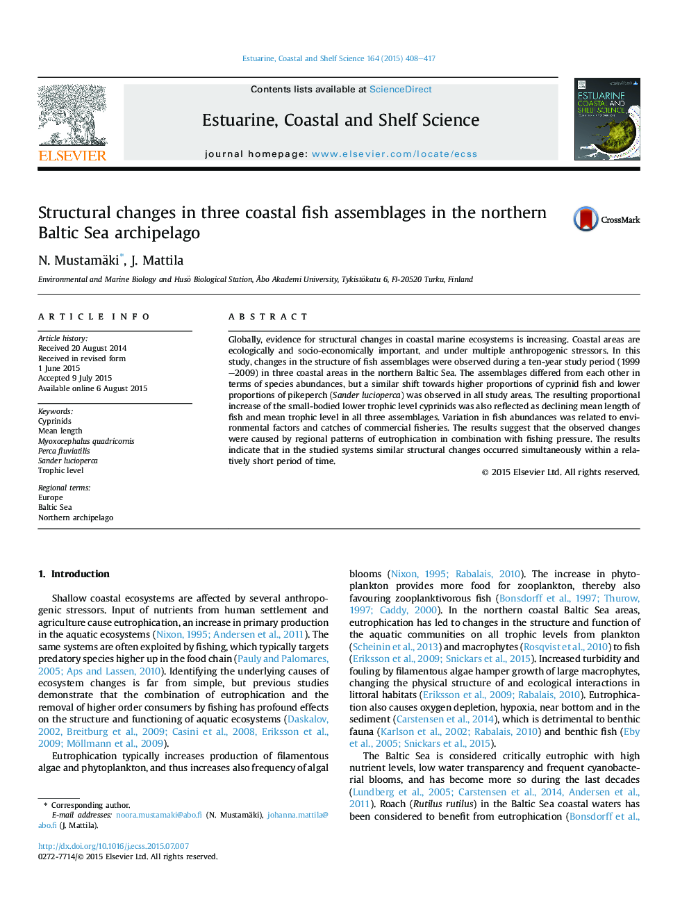 Structural changes in three coastal fish assemblages in the northern Baltic Sea archipelago