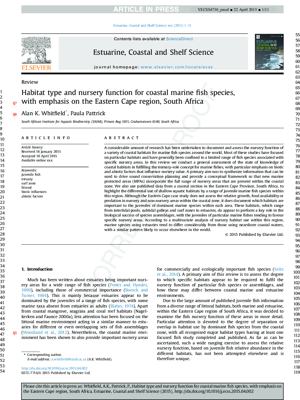 Habitat type and nursery function for coastal marine fish species, withÂ emphasis on the Eastern Cape region, South Africa