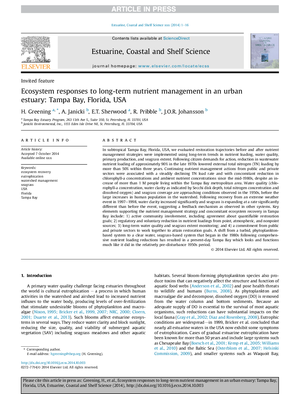 عکس صفحه اول مقاله: Ecosystem responses to long-term nutrient management in an urban estuary: Tampa Bay, Florida, USA Ecosystem responses to long-term nutrient management in an urban estuary: Tampa Bay, Florida, USA