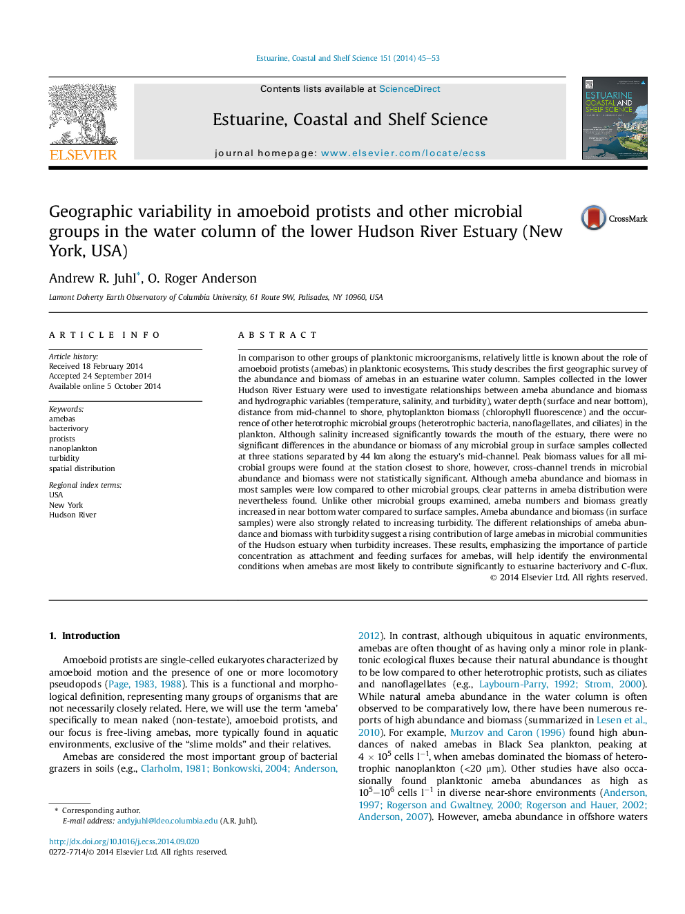 تنوع جغرافیایی در پروتئین آمیبوئید و دیگر گروه های میکروبی در ستون آب رودخانه هادسون (نیویورک، ایالات متحده آمریکا) 
