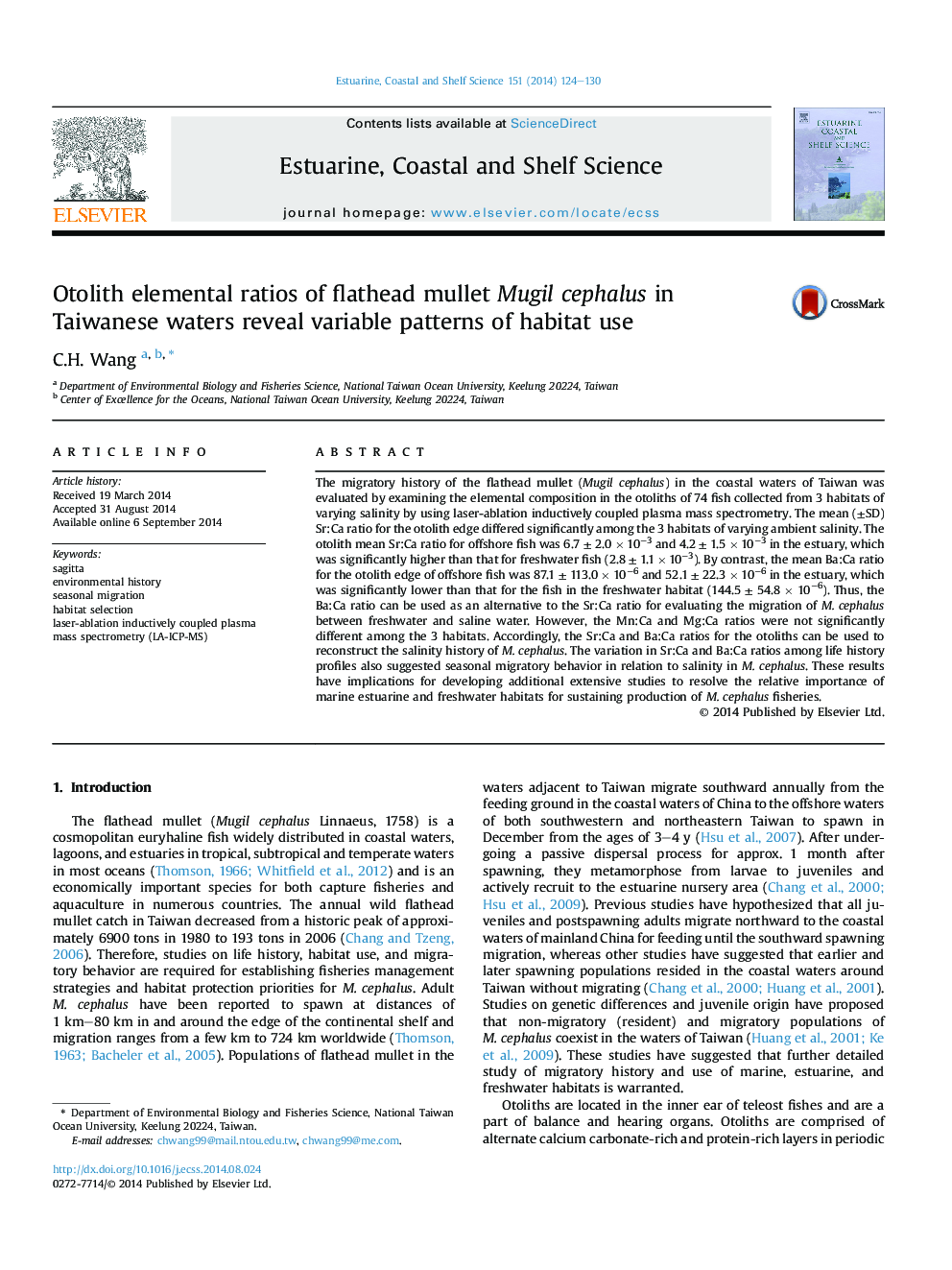 Otolith elemental ratios of flathead mullet Mugil cephalus in Taiwanese waters reveal variable patterns of habitat use