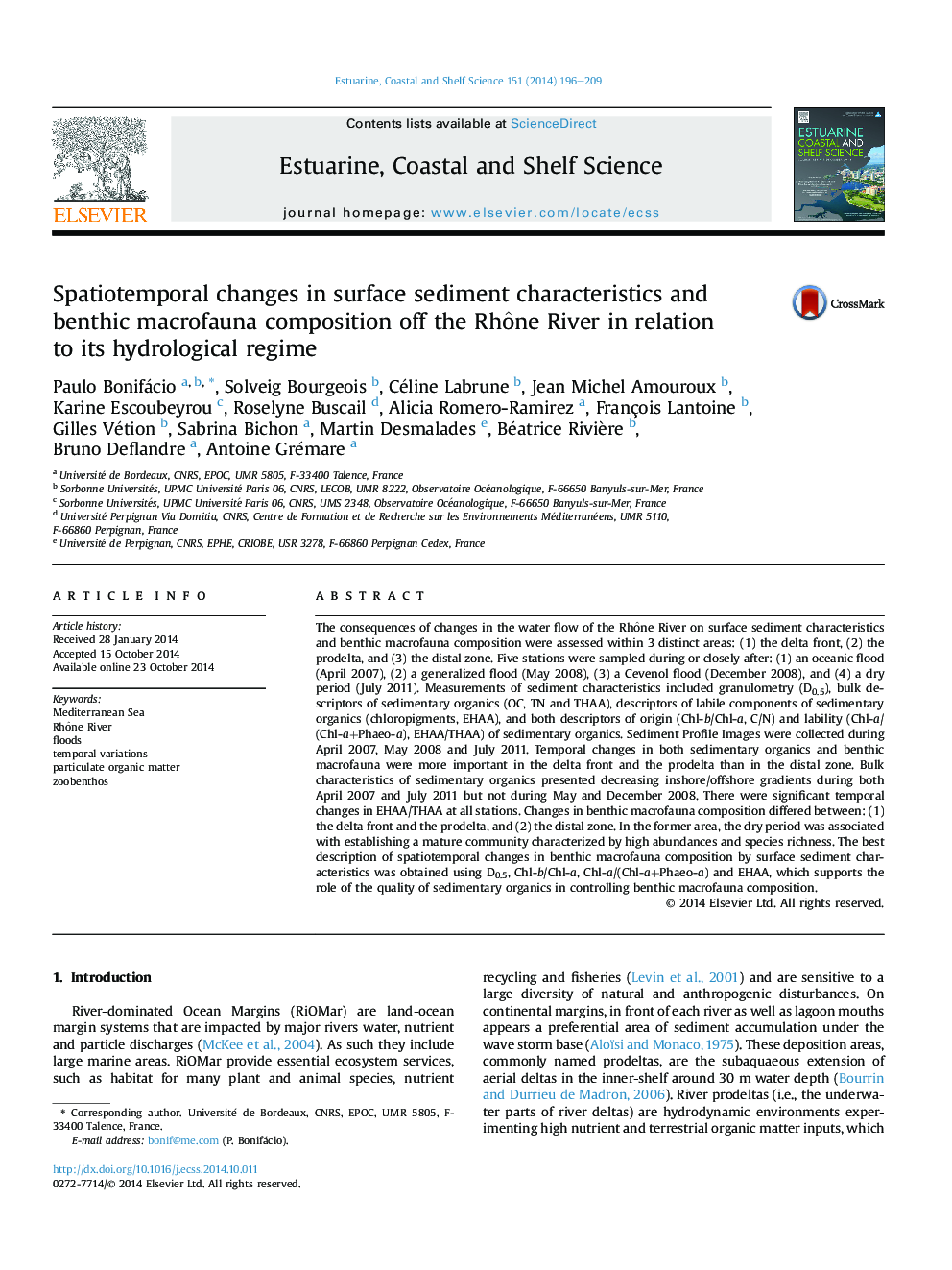 Spatiotemporal changes in surface sediment characteristics and benthic macrofauna composition off the RhÃ´ne River in relation to its hydrological regime