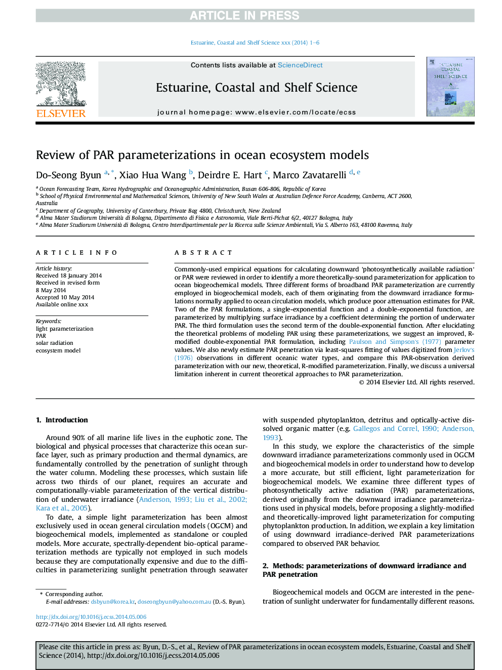 Review of PAR parameterizations in ocean ecosystem models