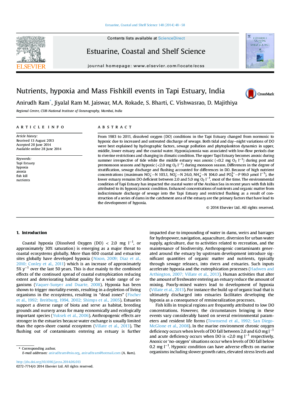 Nutrients, hypoxia and Mass Fishkill events in Tapi Estuary, India