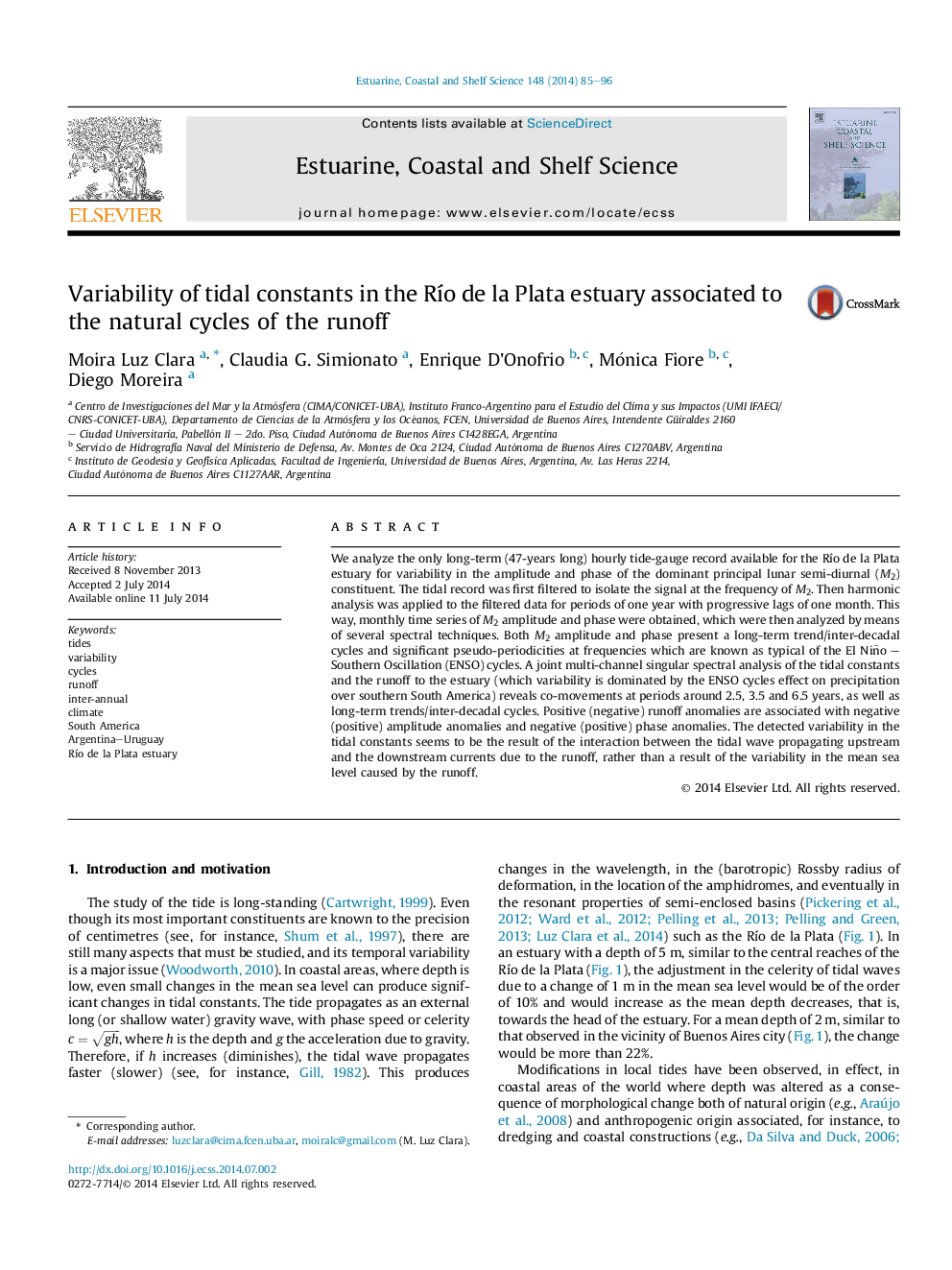 Variability of tidal constants in the RÃ­o de la Plata estuary associated to the natural cycles of the runoff