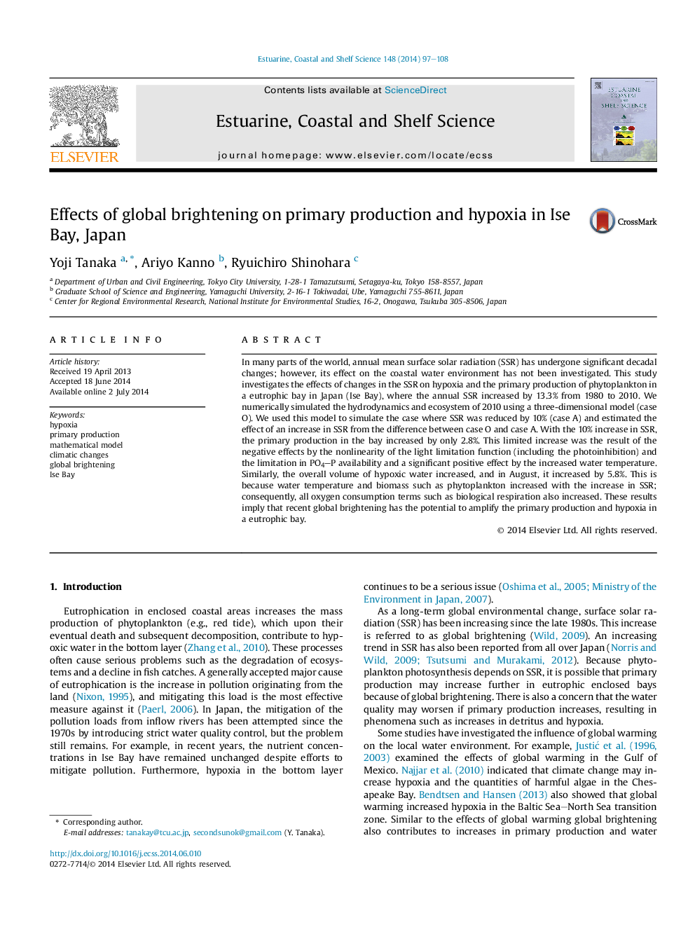 Effects of global brightening on primary production and hypoxia in Ise Bay, Japan