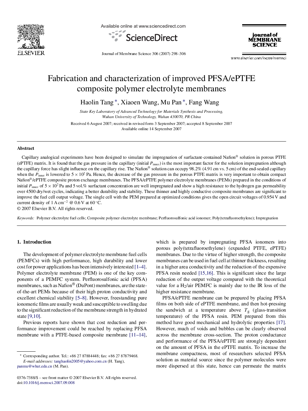 Fabrication and characterization of improved PFSA/ePTFE composite polymer electrolyte membranes