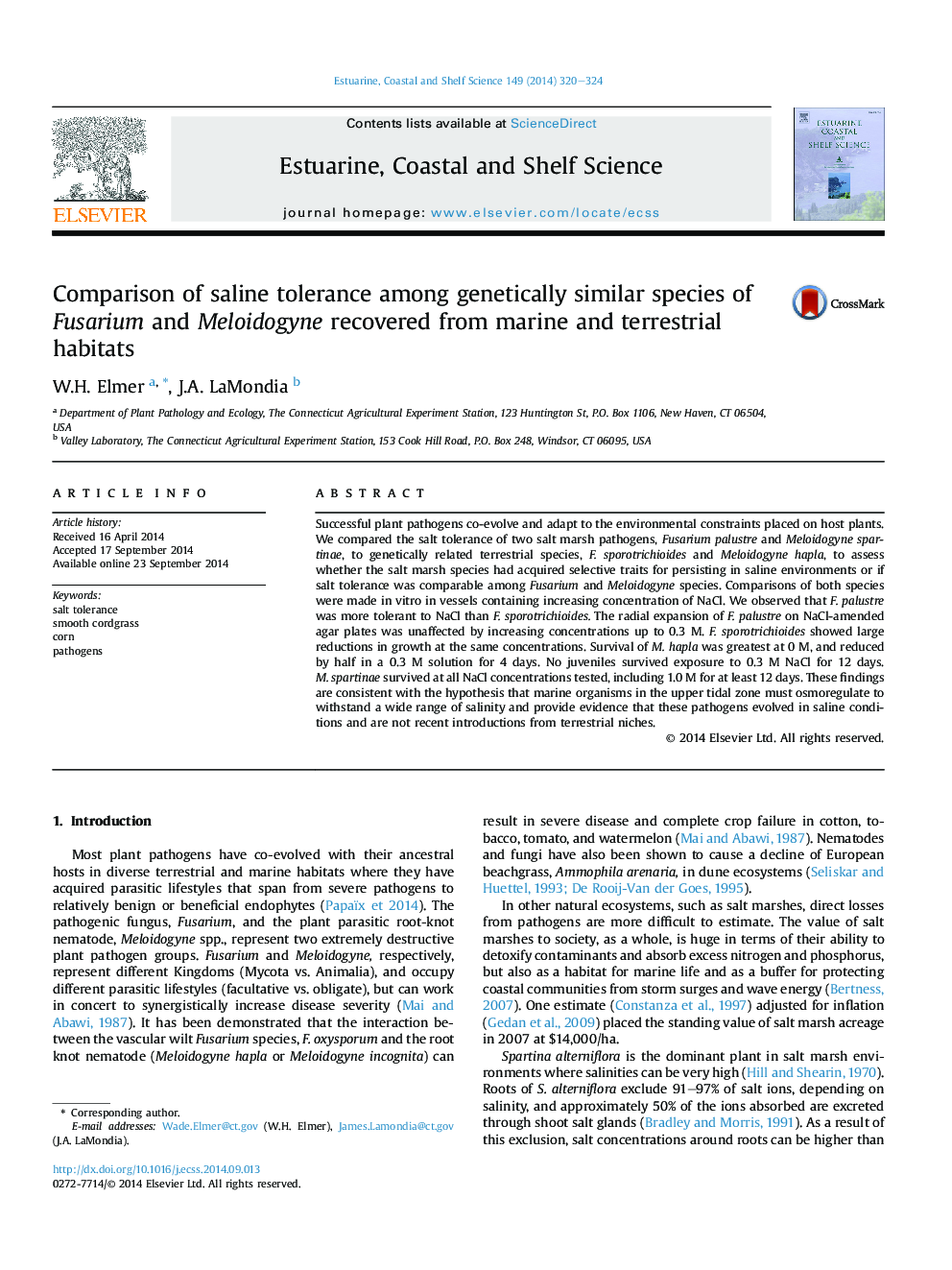 Comparison of saline tolerance among genetically similar species of Fusarium and Meloidogyne recovered from marine and terrestrial habitats